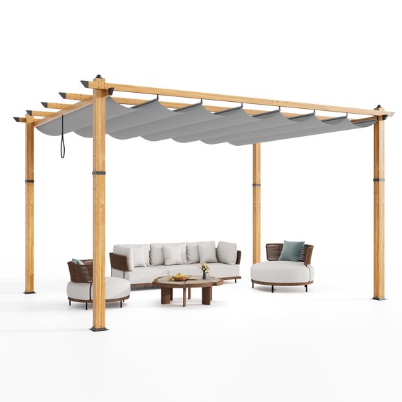 10x13 ft Aluminum Pergola with Sliding Canopy, Faux Wood Grain Outdoor Patio Shelter.