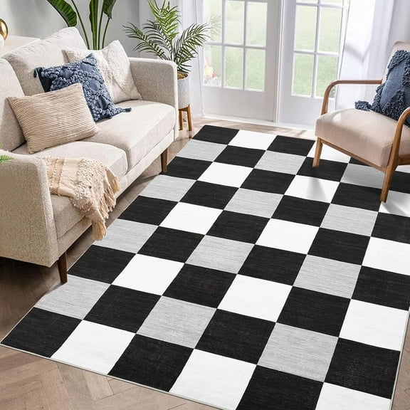 10x13 ft Modern Area Rug, Machine Washable Non-Slip, Living Room Rug, White Grey Black