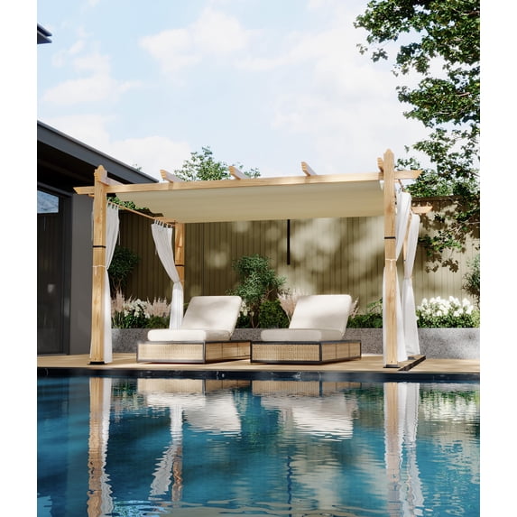 10x13ft Outdoor Pergola with Canopy & Side Mesh – Upgraded Aluminum Pavilion for Backyard, Patio & Porch, Beige+White