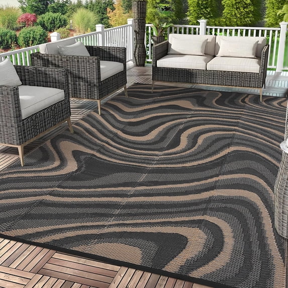 10x14 Area Rugs Outdoor Waterproof Rug, Modern Plastic Straw Rug with Rubber Particles Backing, Reversible UV Resistant Abstract Rug for Backyard, Picnic, Beach, RV, Porch, Black Coffee
