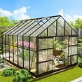 thumbnail image 1 of 10x14 FT Outdoors Greenhouse, Walk-in Aluminum Polycarbonate Greenhouses with 4 Roof Vent Windows and Lockable Double Doors, for Plants in Winter(Black), 1 of 15