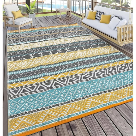 10x14 Ft Indoor Outdoor Rug Patio Stain Resistant Foldable Boho Geometric Yellow/Teal