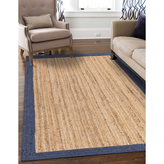10x14 Ft Navy Blue & Natural Jute Area Rug, Hand-Woven, Reversible, Farmhouse Boho Style, Durable & Pet-Friendly Rug for Living Room, Dining Room, and Bedroom
