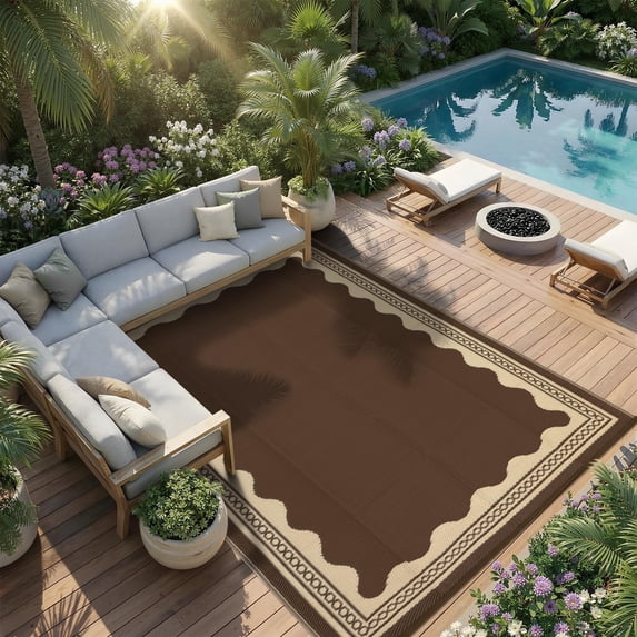 10x14 Ft Outdoor Rug Waterproof, Portable Reversible Plastic Straw Patio Rug, Easy Clean & Quick Dry Camping Carpet for Backyard Picnic Beach, Brown