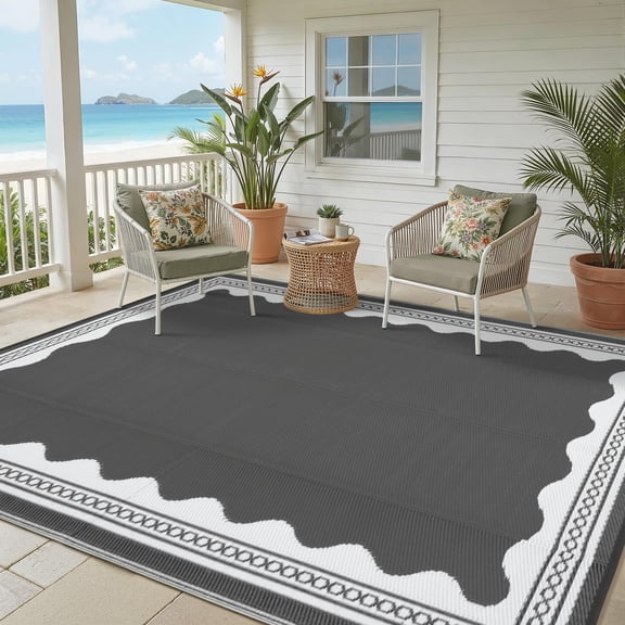 10x14 Ft Outdoor Rug Waterproof, Portable Reversible Plastic Straw Patio Rug, Easy Clean & Quick Dry Camping Carpet for Backyard Picnic Beach, Grey