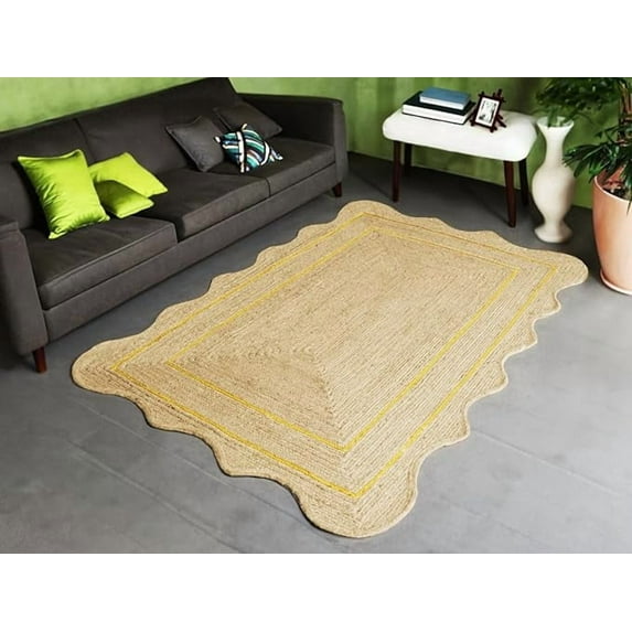 10x14 Ft Yellow Border Jute Premium Scalloped Jute Rug – Handcrafted Natural Braided Carpet for Living Room, Bedroom, Entryway – Boho Home Decor