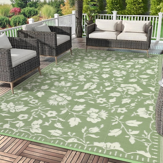 10x14 Green&Ivory Outdoor Rug Waterproof Reversible, Floral Plastic Straw Patio Rug, Foldable Outdoor Area Rug for RV Camping, Picnic, Beach, Balcony, Deck & Garden 10x14 Green&Ivory