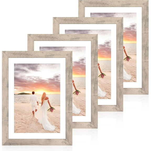 10x14 Picture Frame Set of 4 with Tempered Glass, Smoke Gray Frame Display 8x12 Picture with Mat or 10 x 14 Without Mat, Wood Rustic Photo Frames for Horizontal or Vertical Wall Mounting