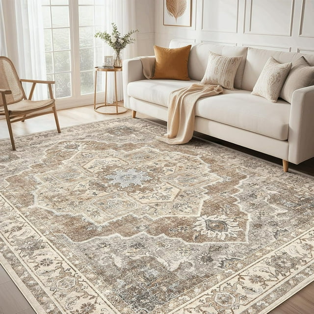 Toyoso 10x14 Washable Area Rugs for Living Room - Vintage Distressed Floral Neutral Boho Farmhouse Thin Soft Large Rug Indoor Floor No Slip Rug Carpet for Bedroom Dining Room Decor - Brown