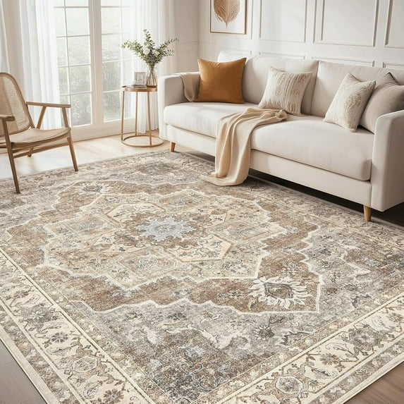Toyoso 10x14 Washable Area Rugs for Living Room - Vintage Distressed Floral Neutral Boho Farmhouse Thin Soft Large Rug Indoor Floor No Slip Rug Carpet for Bedroom Dining Room Decor - Brown