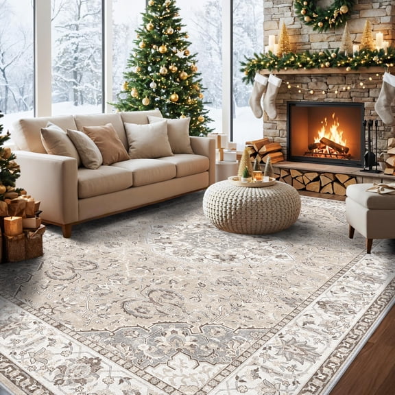 10x14 Washable Vintage Area Rug - Large Rugs For Living Room Soft Stain Resistant Carpet With Non-slip Backing Low Pile Water King Size Bed Pet Friendly Home Decor Mat(10x14 Beige)