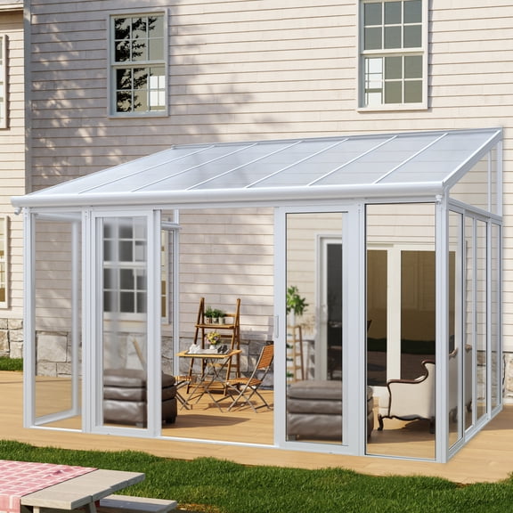 10x14 ft All-Season Sunroom, Versatile Home Extension Enclosed Patio Cover with 3 Lockable Sliding Doors and Solid PC Wall System, Heavy-Duty Aluminum Solarium for Deck, Garden & Hot Tub