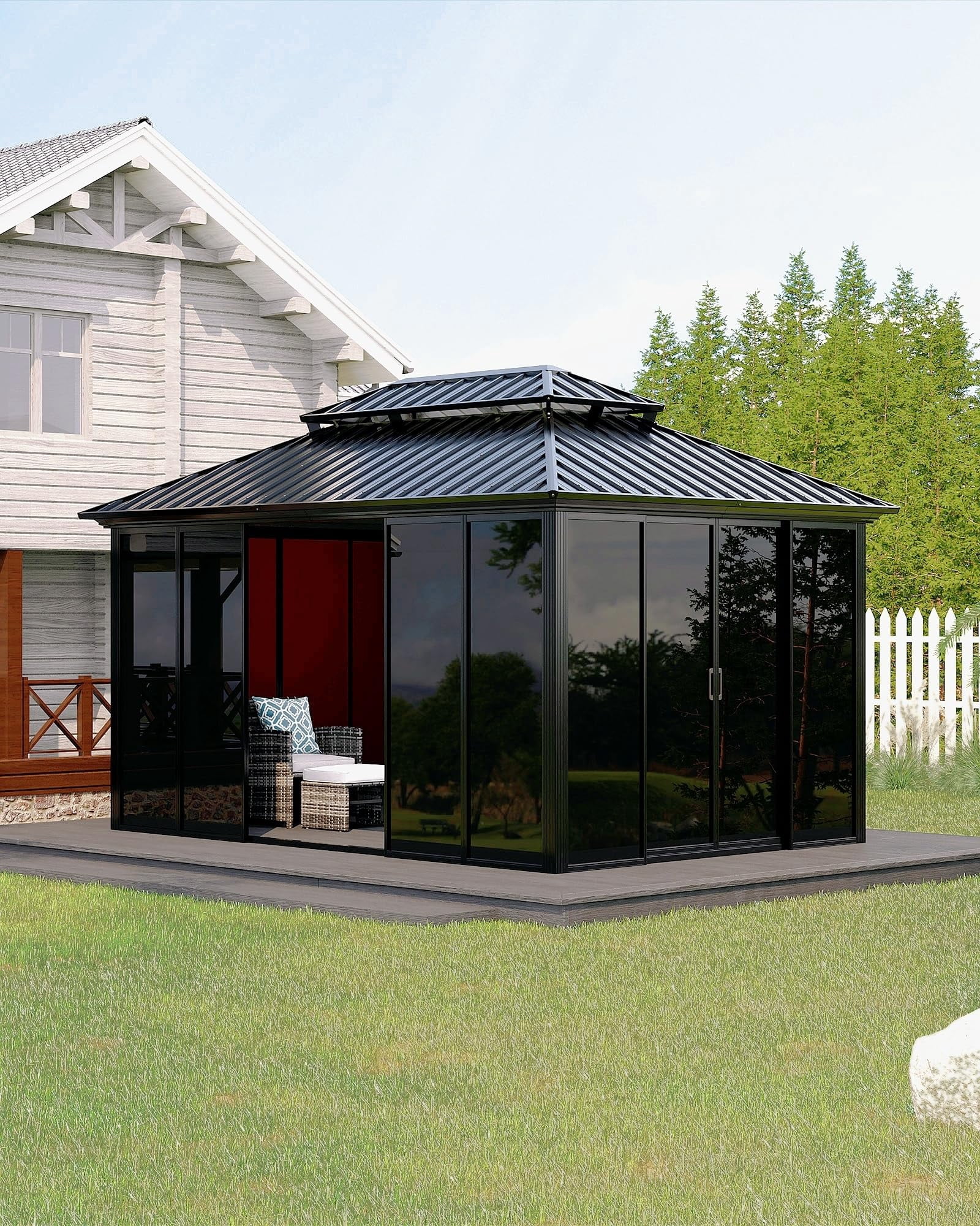 10x14 ft Hardtop Gazebo Sunroom, Aluminum Enclosed Patio Solarium with Polycarbonate Sliding Doors & Double Roof for Deck