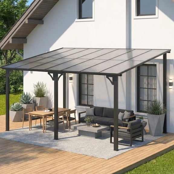 10x14 ft Wall Mounted Gazebo, Hardtop Lean to Pergola with Sloped Roof & Gutters, Heavy Duty Outdoor Awning for Patio, Deck, Porch, Backyard Black