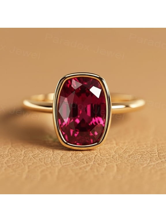 10x14 mm Ruby Engagement Ring, Elongated Long Cushion Cut Bezel Set Ring, Hidden Halo Solitaire Ring, Red Gemstone Silver With Yellow Gold Ring Promise Ring Gift