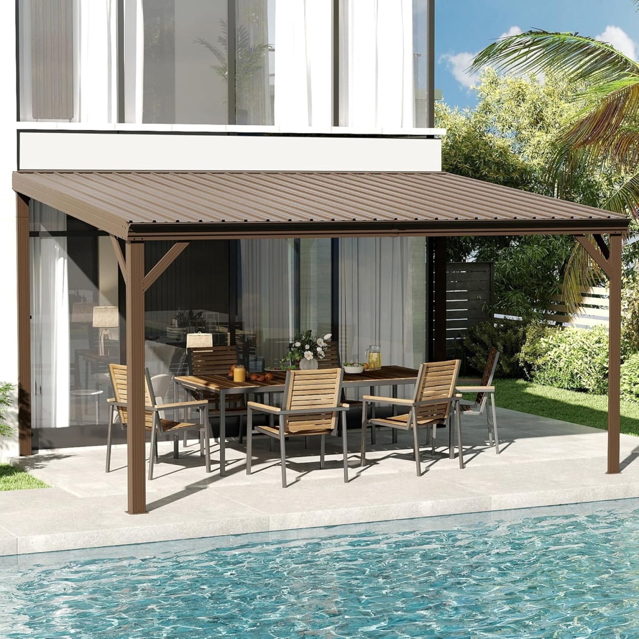 10x14FT Lean to Gazebo, Wall Mounted Gazebos Pergola with Drainage System, Upgraded Heavy Duty Awnings with Sloping Roof, Hardtop Patio Shelter for Deck, Porch, Backyard, Brown