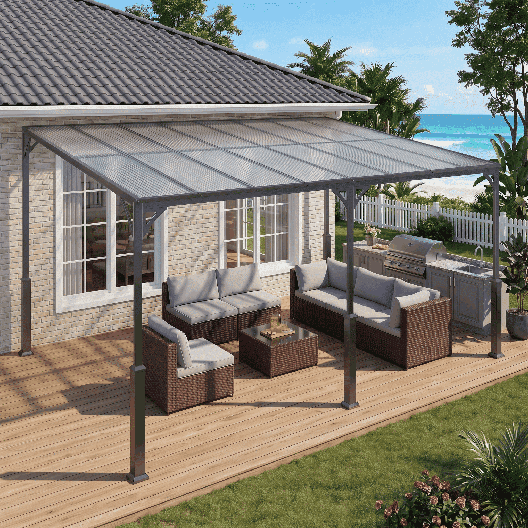 Asofer 10' x 14' Lean-to Hardtop Gazebo, Wall-Mounted Galvanized Steel Outdoor Pergola with Gutter, All-Weather Permanent Porch Canopy for Patio & Deck