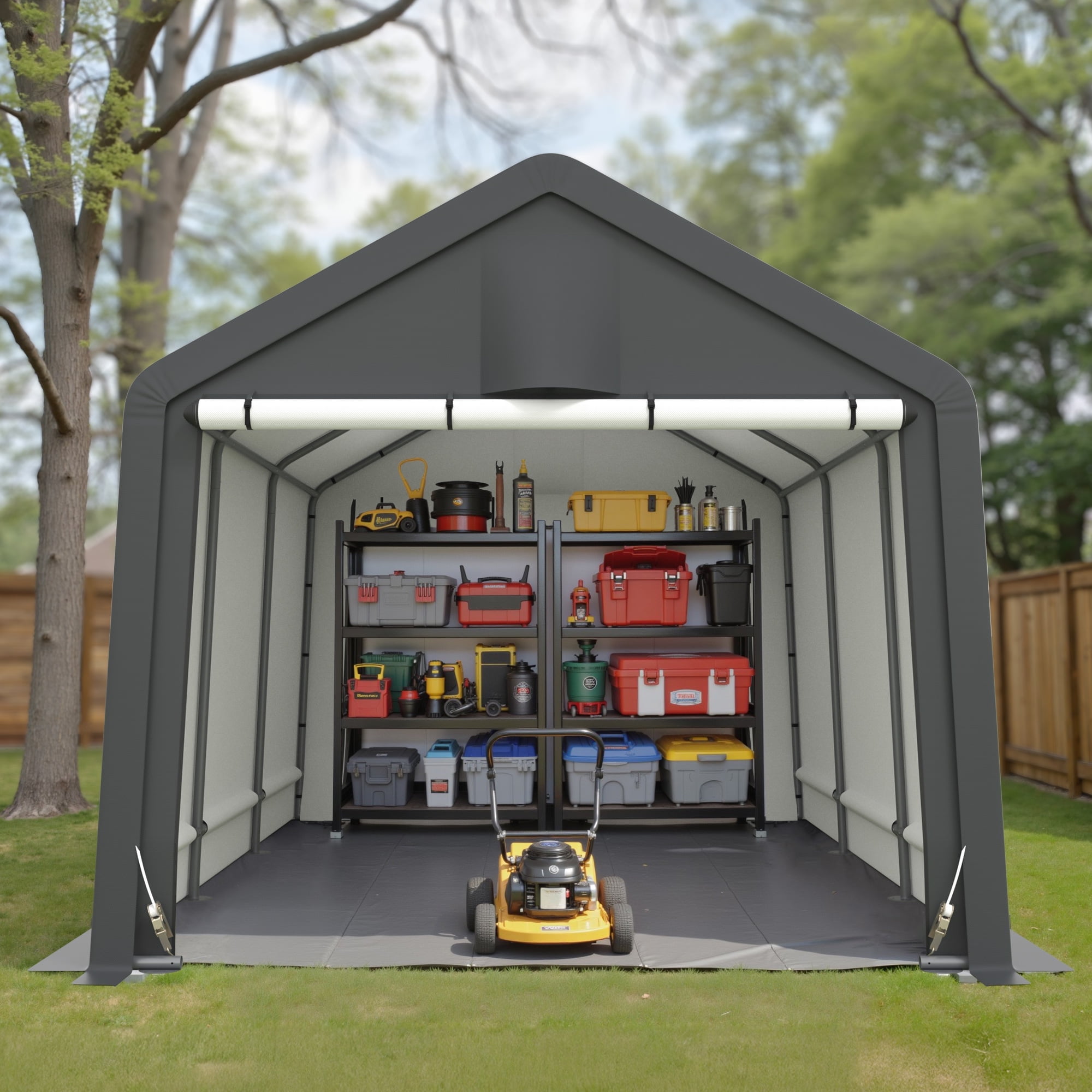 10x15 ft Heavy Duty Carport Outdoor Portable Storage Shelter Shed Garage with 2 Roll up Zipper Doors & Vents for Motorcycle, Boat or Garden Tools