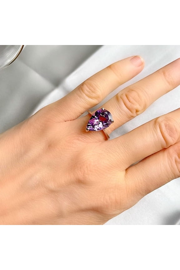 10x15 mm Genuine Amethyst Teardrop Pear Shaped Silver Ring, BIG Gemstone Ring, Proposal Ring