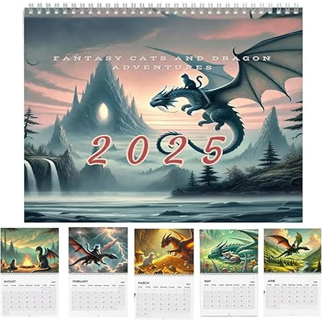 10x16” 2025 Cat Dragon Rider Calendar, Vertical Wall Cat Dragon Rider, Funny Cats Calendar 2025