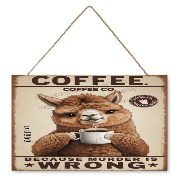 10x16 IN Retro Wood Hanging Sign - Square - Alpaca Decor Coffee Because Murder Is Wrong Decorative Sign Retro Wood Sign for Cafes Kitchen Decor Alpaca Gifts