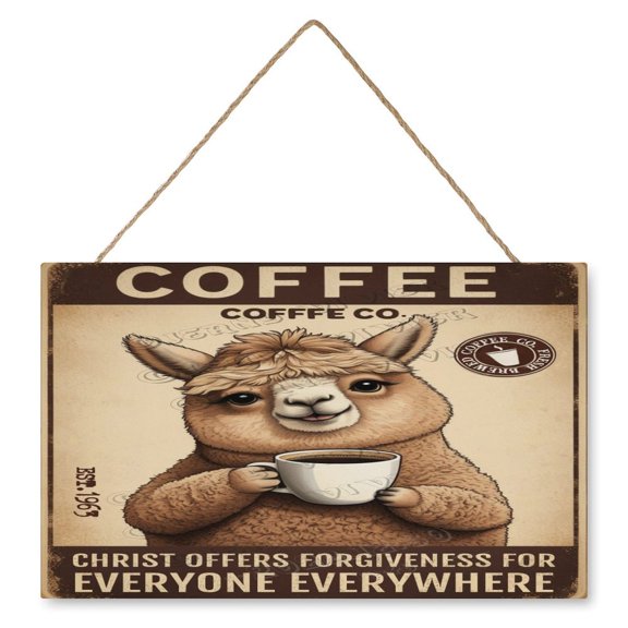 10x16 IN Retro Wood Hanging Sign - Square - Alpaca Decor Coffee Christ Offers Forgiveness for Everyone Everywhere Wood Sign for Cafes Kitchen Decor Alpaca Gifts For Alpaca Lovers