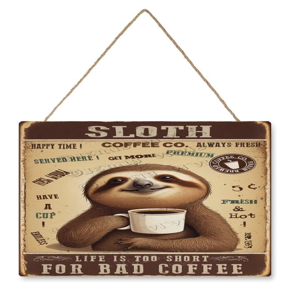 10x16 IN Retro Wood Hanging Sign - Square - Sloth Decor Coffee Life Is Too Short for Bad Coffee Wood Sign Rustic Farmhouse Decor Funny Wall Decor For Cafes Coffee Shop