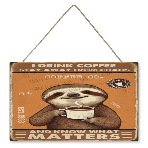 10x16 IN Retro Wood Hanging Sign - Square - Sloth Decor With Coffee Humor Quote Wood Sign Rustic Farmhouse Decor Funny Kitchen Decor Cafes Wall Art