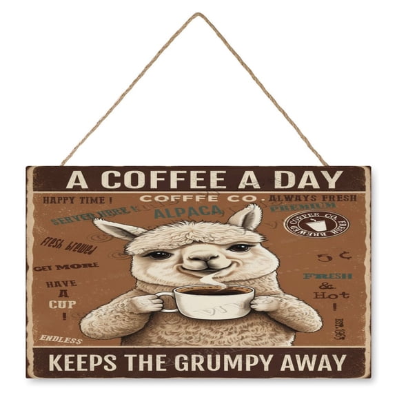 10x16 IN Retro Wood Hanging Sign - Square - Alpaca Decor Coffee A Coffee A Day Keeps The Grumpy Away Wood Sign Alpaca Lovers Sign Rustic Wall Decor For Cafes Coffee Shop