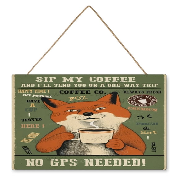 10x16 IN Retro Wood Hanging Sign - Square - Fox Decor Sip My Coffee, And I'll Send You on A One-way Trip No GPS Needed! Wall Decor Funny Wood Sign Decorative Sign Cafes Wall Art
