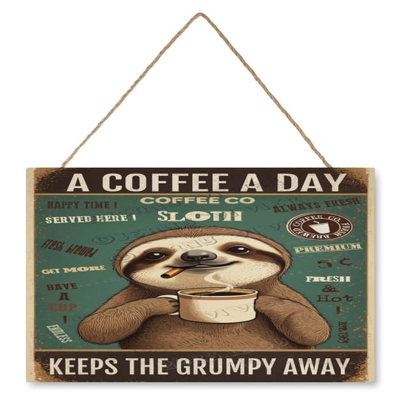 10x16 IN Retro Wood Hanging Sign - Square - Sloth Decor Coffee A Coffee A Day Keeps The Grumpy Away Wood Sign Sloth Lovers Sign Rustic Wall Decor For Cafes Coffee Shop