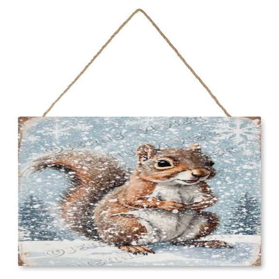 10x16 IN Square Wooden Hanging Sign - Festive Winter Squirrel Wood Sign for Christmas, Perfect for Indoor Spaces, Ideal Gift for Boys and Girls Who Love Seasonal Decor