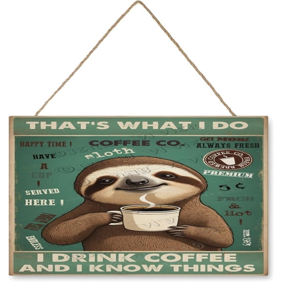 10x16 inches Retro Wood Hanging Sign - Square - Sloth Decor I Drink Coffee and I Know Things Wooden Sign Sloth Lover Sign Sloth Lovers Gifts Coffee Lover Gifts