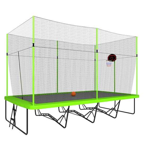 10x17 Ft Rectangle Trampoline with Enclosure Net, Outdoor Rectangular Trampoline with Basketball Board, Hoop, Gymnastics Trampoline Superior Bounce with Ladder