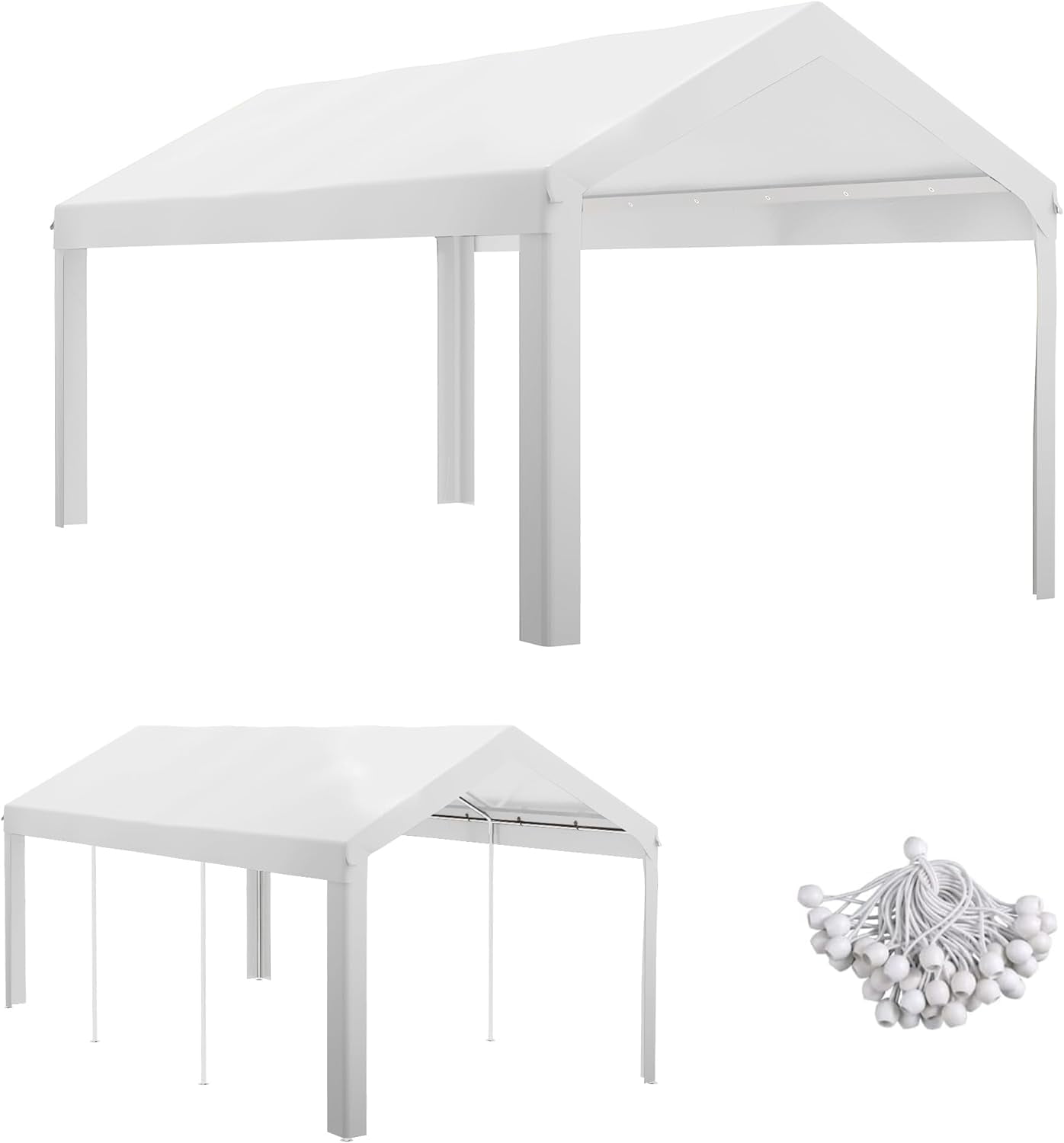 10x20 Canopy Replacement Cover Carport Canopy Heavy Duty UV Resistant Car Tent Cover Water Resistant Car Port Cover with Ball Bungee Cords, White, Only Cover