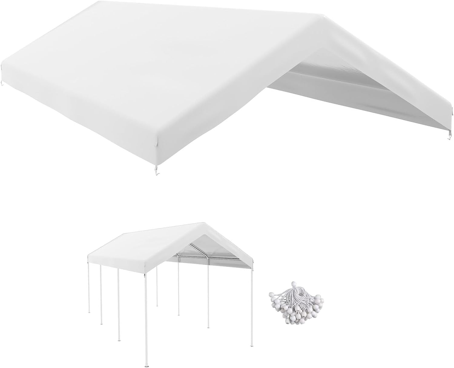 10x20 Canopy Replacement Cover, Heavy Duty Carport Canopy, UV Resistant Car Tent Cover, Water Resistant Car Port Cover with Ball Bungee Cords, White, Only Cover