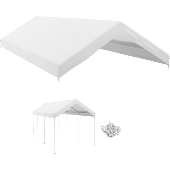 10x20 Canopy Replacement Cover, Heavy Duty Carport Canopy, UV Resistant Car Tent Cover, Water Resistant Car Port Cover with Ball Bungee Cords, White, Only Cover