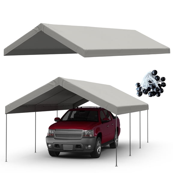10x20 FT Carport Replacement Canopy Top, Waterproof & UV Protected Heavy Duty Cover for Garage & Party Tent, Easy Installation with Ball Bungees, Grey (Top Cover Only, Frame Not Included)