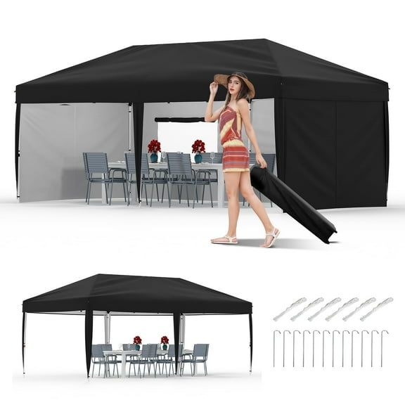 10x20 FT Pop Up Outdoor Canopy Tent – 4 Removable Sidewalls, with One Push Setup, Reinforced Frame, Outdoor Easy Up Canopy Tent with Portable Roller Bag, Adjustable Height, Sandbags