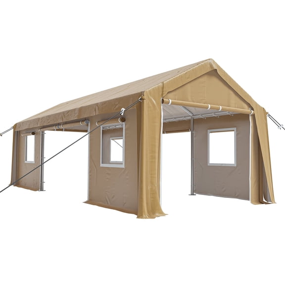 10x20 Ft Carport Heavy Duty Canopy, Portable Garage with Removable Sidewalls Doors & Windows, All Season Waterproof Tarp Outdoor Storaeg Shed for Car Truck Boat Party, Earthy Yellow