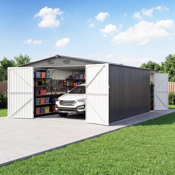 10x20 Ft Outdoor Metal Garage Shed, Extra Large Storage Shed with Double Hinged Doors, Carport for Car, Truck, Bicycle and Garden Equipment, Dark Gray