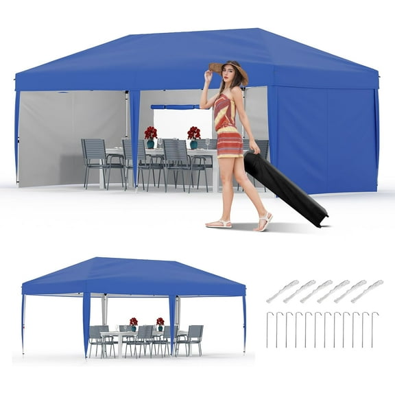 10x20 Ft Pop Up Canopy with 4 Sidewalls, Beach Ten with One Push Setup, Heavy Duty Outdoor Instant Canopy Tent with Portable Roller Bag, Silver Coated Top, 3 Adjustable Height, Sandbags, Blue