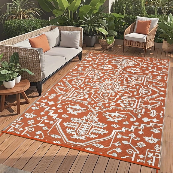 10x20 Ft Waterproof Reversible Outdoor Rug - Plastic Straw Camping Carpet for Patio, RV, Picnic, Backyard & Deck, Brick Red/White