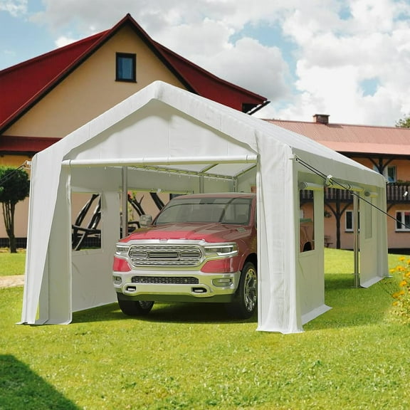 10x20 Heavy-Duty Carport Canopy Tent with 4 Roll-Up Doors & 4 Windows Waterproof UV-Protected Powder-Coated Steel Frame Removable Sidewalls White