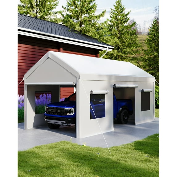 10x20 Heavy Duty Carport Canopy with Waterproof Tarp, Roll-Up Windows and Doors, Outdoor Portable Garage with Removable Sidewalls for Car, Boat, Truck, Motorcycle