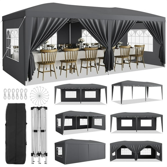10x20 Heavy Duty Pop Up Canopy Tent with 6 Removable Sidewalls, Easy Up Commercial Canopy Tents for Parties, Large Outdoor Canopies with 3 Adjustable Heights, Stakes X18, Ropes X6
