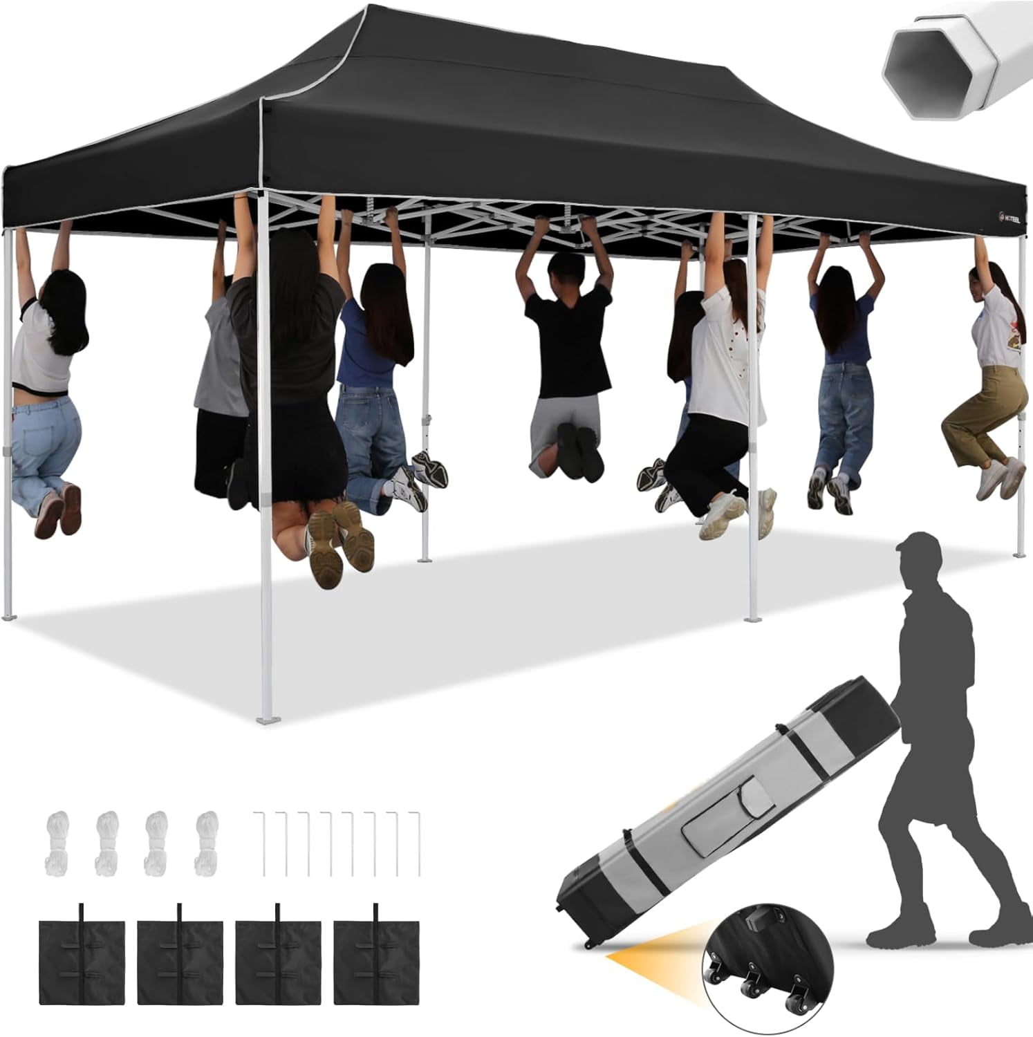 10x10 Heavy Duty Pop Up Canopy Tent - One Person Setup, UPF 50+, With Roller Bag, Sandbags & Stakes