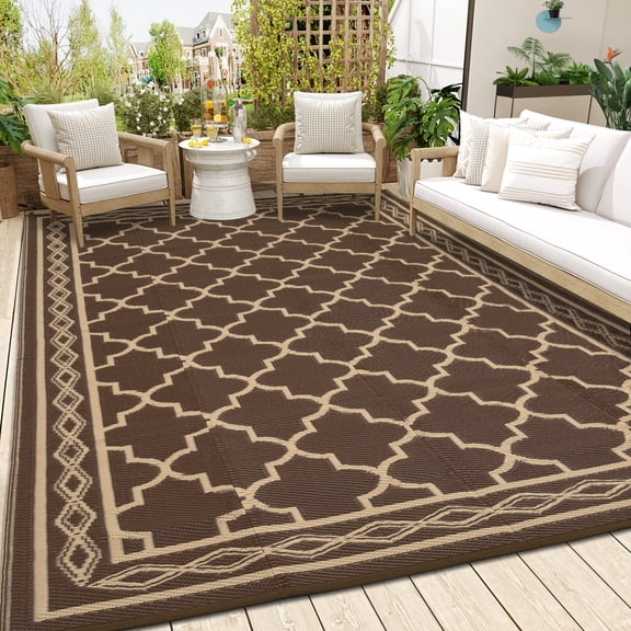 10x20 Outdoor Rug Waterproof for Patio Decor, Foldable Reversible Plastic Straw Carpet, Outside Area Mat for Rv, Deck, Picnic, Porch, Camper, Balcony, Beach, Brown/Beige