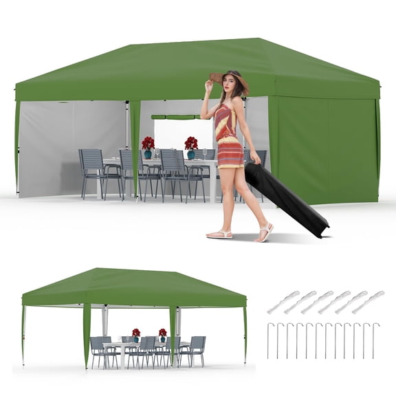 10x10 Pop Up Canopy with 4 Sidewalls, One-Push Setup Outdoor Easy Up Canopy Tent with Reinforced Frame, Adjustable Height, Portable Roller Bag & Sandbags, Silver Coated Green