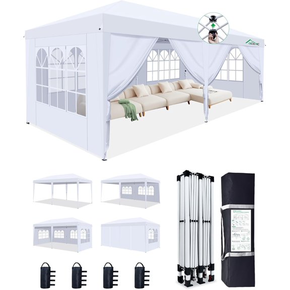 10x20 Pop Up Canopy with 6 Removable Sidewalls, 2 Central Lock Easy Set-up Outdoor Party Tent with Top Vent, Commercial Tent, Stakes x8, Ropes x4, Hand Bag x1, Sandbags x4 (White, 10 * 20)